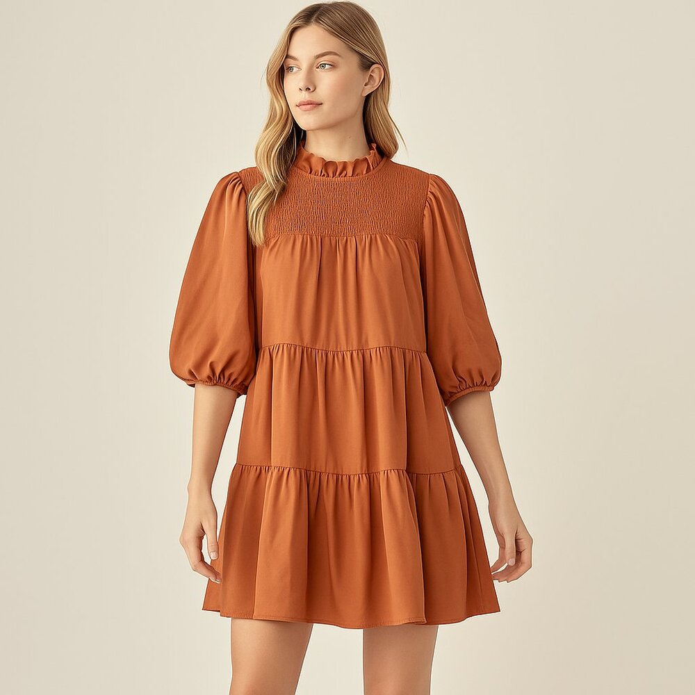 Entro New Rust Smocked Yoke Puff Sleeve Tiered Mini Dress Fall Boho Size S M L